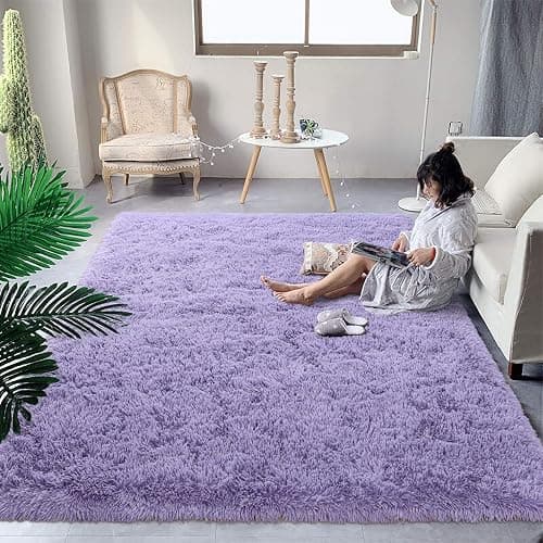 DweIke Fluffy Lavender Purple Rugs for Bedroom Living Room, 3x5 Feet Soft Plush Shaggy Light Lilac Purple Girls Boys Kids Rug, Non-Slip and Machine Washable Carpet for Dorm Nursery Classroom Decor thumbnail 2