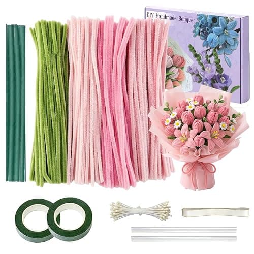 houlishu 400 Pcs Pipe Cleaners Craft Kit - 300 Pink 100 Green Chenille Stems with Floral Wires Stamens Ribbon Adhesive Tapes for DIY Flower Making - Image 1