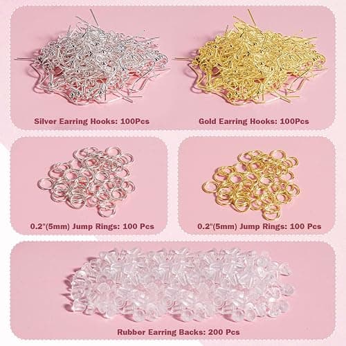 Hypoallergenic Earring Hooks, 600 Pcs Earring Making Supplies Kit with Earring Hooks, Jump Rings and Earring Backs for Jewelry Making (Silver and Gold) thumbnail 4