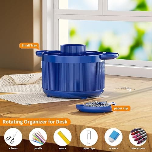 360 Degree Rotating Desk Organizer, Pencil Pen Holder with 5 Compartments and Tray Accessories, Desktop Supplies Organizers, Smooth Rotating Pen Holder Apply for Home, Office, School (Dark Blue) - Dark Blue thumbnail 5