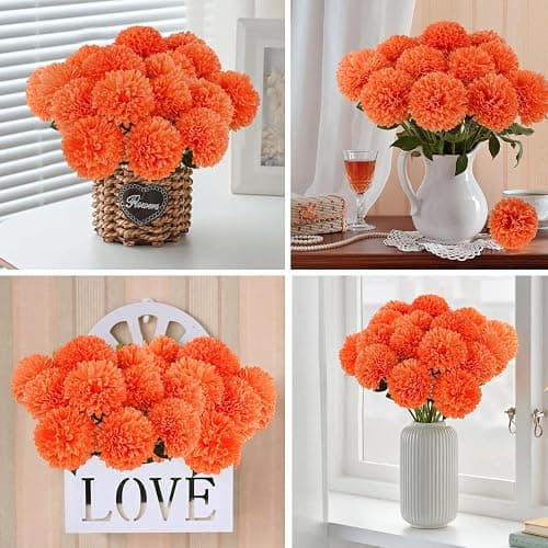 Hananona 12 Pcs Artificial Chrysanthemums Flowers Marigolds Ball Flower, Orange Fake Mums Silk Fall Flowers for Autumn Dia de Los Muertos Home Decor Day of The Dead Table Centerpiece (12, Orange) thumbnail 6