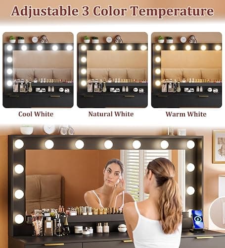 ALEXNUTRE Vanity Desk with Large Mirror and Lights, 45.3in Makeup Vanity with Power Outlet 9 Drawers & Storage, 3 Lighting Color Adjustable, Black thumbnail 5