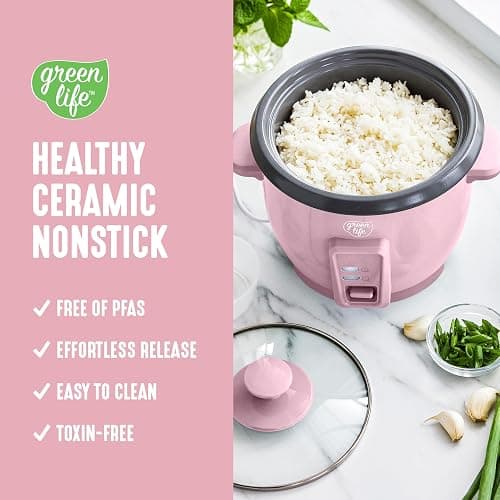 GreenLife Rice Cooker with Removable PFAS-Free Ceramic Nonstick Pot, 3-Cups Uncooked/6-Cups Cooked, Grains & Oatmeal Multicooker, Compact One-Switch Design, Auto Keep Warm, Easy Clean, Pink thumbnail 3