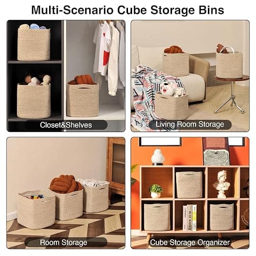 ICERZCZ 11 Inch Cube Storage Bins, Storage Cube Organizer Bins, Woven Cotton Rope Baskets for Storage, Storage Basket for Organizing Shelves, Square Baskets for Toys Nursery, Brown (Pack of 3) - Brown - 11"×11"×11" (Pack of 3) thumbnail 4