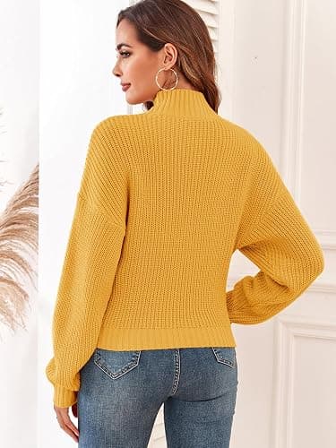ZAFUL Women's Cropped Turtleneck Sweater Lantern Sleeve Ribbed Knit Pullover Sweater Jumper thumbnail 3