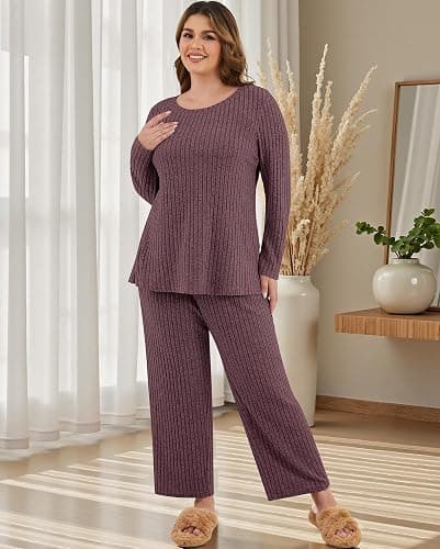 ZHUHOUSE Womens Plus Size Lounge Pajamas 2 Piece Pj Sets Soft Long Sleeve Ribbed Tops Wide Leg Pants with Pockets thumbnail 3