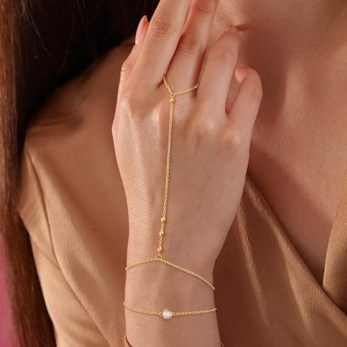 CHESKY 14k Gold Plated Hand Chain Bracelet for Women Trendy, Dainty Ring Bracelets Hand Chain Finger Nail Bracelet Simple Gold Hand Jewelry for Women Gifts thumbnail 3