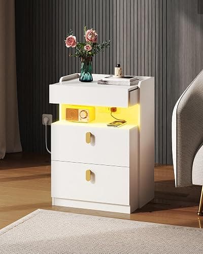 WLIVE White Nighstand with Charging Station and LED Lights, Night Stand with Sliding Top, Modern Bedside Table with 2 Drawers, End Tables for Bedroom, Living Room, White thumbnail 7