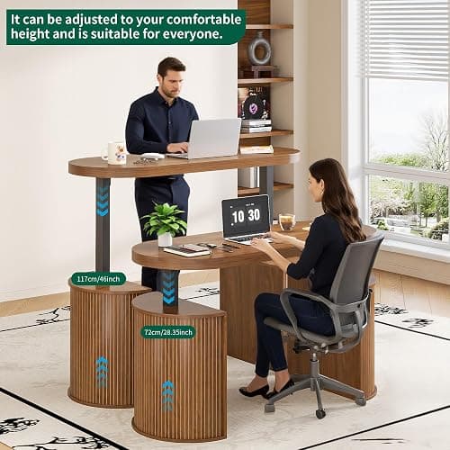 Xyulmeo Mid Century Modern Electric Standing Desk with Storage, 55 x 22 Inch Small Sit Stand Up Desk, Wood Adjustable Height Computer Executive Desk for Home Office, Laptop, Walnut thumbnail 4