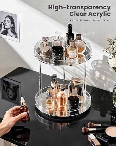 Lolalet 360 Degree Rotating Acrylic Perfume Organizer Stand, 2 Tiers Clear Perfumes Holder Display Rack, Makeup Skincare Organization for Vanity Bathroom Countertop -Large, Clear thumbnail 4