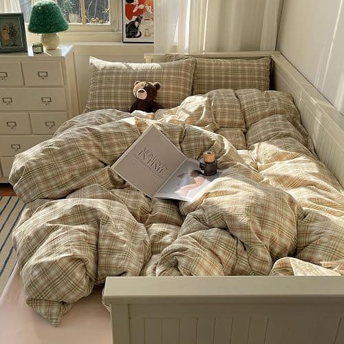 mixinni Queen Duvet Cover Set - 3 Piece Washed Cotton Vintage Geometric Plaid Bedding Set with Zipper Closure, Soft & Breathable Green Pink White Buffalo Check Pattern for All Seasons thumbnail 2