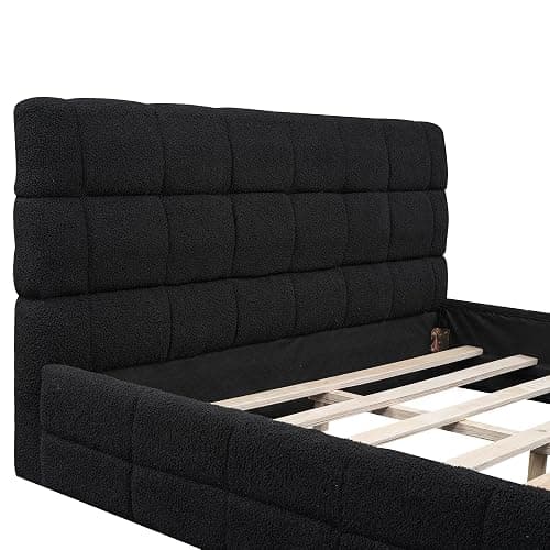 SOFTSEA Queen Size Upholstered Platform Bed Frame, Fleece Fabric Floor Platform Bed with Soft Headboard, Queen Grounded Bed Frame with Wood Slats for Kids Teens Adults, Easy Assembly (Black) thumbnail 7