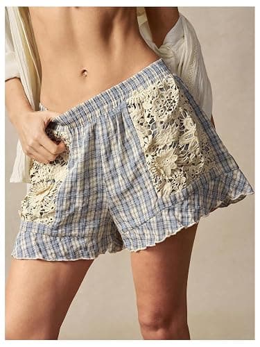 MakeMeChic Women's Boho Floral Lace Shorts Plaid Elastic Waist Ruffle Short | Shorts for Women, Summer Casual Beachwear, Going Out Pants, Loungewear thumbnail 2