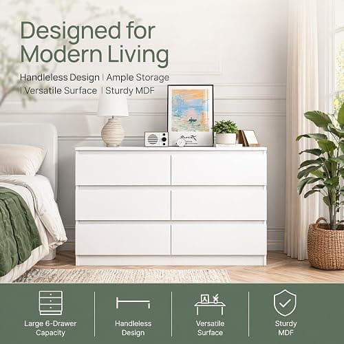 CIPACHO White 6 Drawer Dresser for Bedroom,Modern Deep Drawer Dresser with No-Handle Design,Wide Storage Chest of Drawers,Wood Bedroom Storage Organizer Furniture for Closet,Hallway thumbnail 5