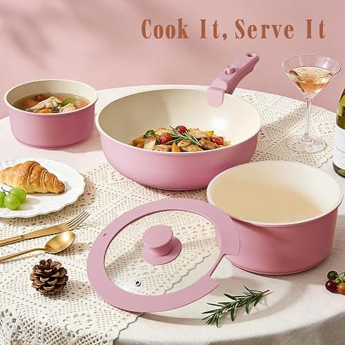 Umite Chef Pots and Pans Set Non Stick, 21 pcs Nonstick Ceramic Cookware Set, RV Kitchen Cooking Set with Detachable Handles, Oven Safe, Induction Cookware, Stackable, Pink, PFAS PFOA & PTFE Free thumbnail 2