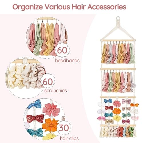 Mkono Headband Holder Boho Hair Bow Organizer for Girls Macrame Bow Hanger with 30 Hooks Bow Holder for Nursery Baby's Room Hair Accessories Organizer Wall Hanging Decor for Bedroom Bathroom thumbnail 4