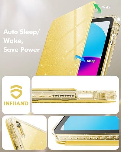 INFILAND Case for iPad A16 11-inch 11th Generation, iPad 10th Generation Case 10.9 Inch for Kids, Girls, 360 Rotating Cute Glitter Cover with Crystal Clear Back, Pencil Holder (Yellow) thumbnail 7