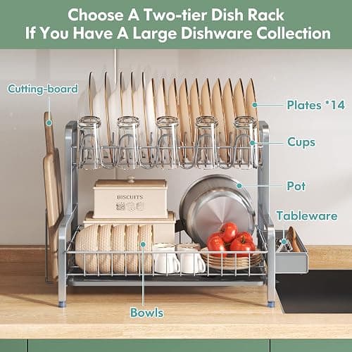 2 Tier Dish Drainers Drying Rack for Kitchen Counter Large Stainless Steel Dishes Drain with Drainboard, Space Saving, Big Modern Silver Countertop Metal Plates Dryer Strainer Holder and Extra Tray thumbnail 3