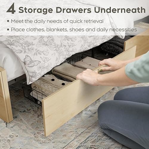 Yechen Queen Bed Frame with Natural Rattan Headboard and Wooden 4 Storage Drawers, Metal Platform with Strong Wooden Slats Support, Boho Cane Bed Mattress Foundation, No Box Spring Needed thumbnail 5