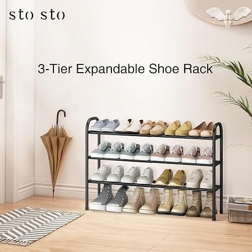 STO STO Expandable Shoe Rack, 3-Tier Metal Small Shoe Rack for Closet, Up to 16 Pairs Adjustable Shoes Racks Storage for Front Door Entrance, Free Standing Shoes Rack Organizer for Entryway, Black thumbnail 6