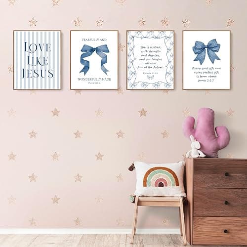 LARTSFRO Coquette Navy Blue Bow Jesus Wall Art Decor Posters, Blue Bow Room Bedroom Bathroom Wall Art Decor Aesthetic for Teen Girls Gifts, Inspirational Bible Verses Bow Wall Decor, 8x10 Inch Set of 4 Unframed Bow Pictures - 8X10in - navy blue bow thumbnail 3