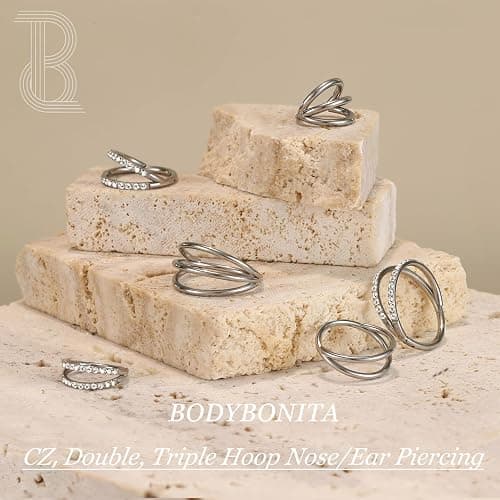 G23 Titanium 16/18/20G Double Triple Hoop Nose Rings Helix Conch Piercing | Septum ClickerTragus Nostril Cartilage Rook Body Piercing Jewelry, 14K Gold Plated, Silver, Black, 6/7/8/9/10/12mm thumbnail 6