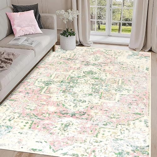 DELISEPT 5x7 Washable Area Rugs for Bedroom Girls Soft Boho Vintage Floor Carpet Non-Slip Oriental Pink Rug for Bedside Nursery Living Room Dinning Room, Light Green and Pink Rug - 5' x 7' (Rectangular) - Pink and Green thumbnail 2