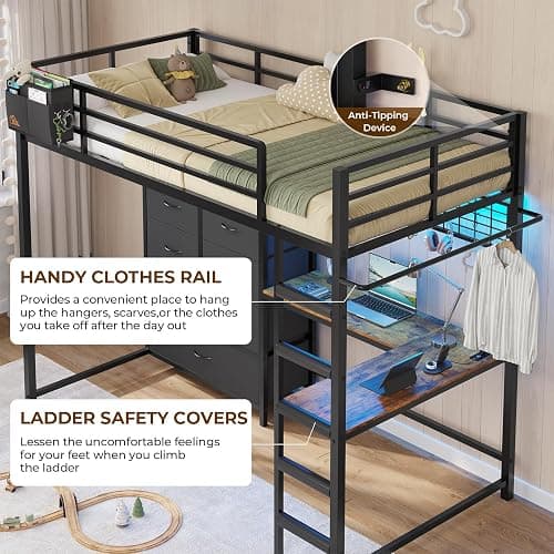 DICTAC Twin Loft Bed with L-Shaped Desk and 7 Storage Drawers,Metal Twin Size Loft Bed for Kids with LED Lights and Charging Station,13.11" H Safety Guardrail and Ladder,No Box Spring Needed, Black thumbnail 9