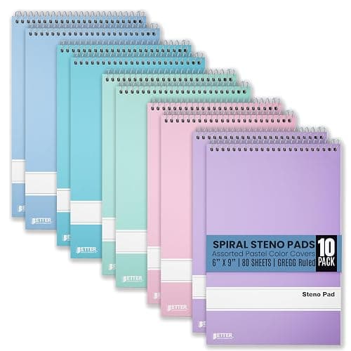 Better Office Products Steno Pads Spiral 6x9, 10 Pack, Gregg Ruled, 80 Sheets, Assorted Pastel Covers, Steno Notebooks Top Spiral for Note Taking - Image 1