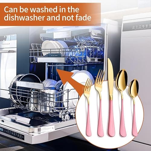 Lekoton 20 Piece Gold and Pink 18/0 Flatware Utensil Set for 4, Include Dinner Knife,Dinner Forks,Dinner Spoons,Salad Forks,Teaspoons,Silverware Set for 4, Dishwasher Safe thumbnail 7