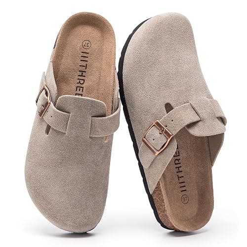 IIITHREE Women's Suede Clogs Cork Footbed Clogs for Women Soft Leather Adjustable Buckle Slip-on Potato Shoes Sandals - Image 1