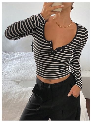 Floerns Women's Striped Print Ribbed Crop Tops Long Sleeve Button Scoop Neck T Shirts thumbnail 4