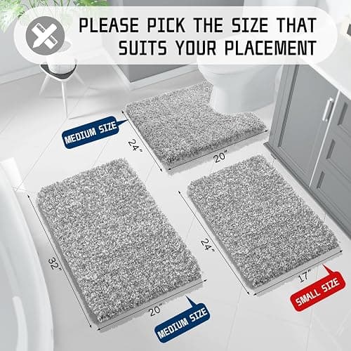 Yimobra Bathroom Rug Set 2 Piece, Soft Absorbent Microfiber Bath Mat Set, Non Slip Machine Washable Dry, Plush Shaggy Shower Rugs for Bathroom Floor, 32"x20"+24"x17", Light Gray and White thumbnail 2