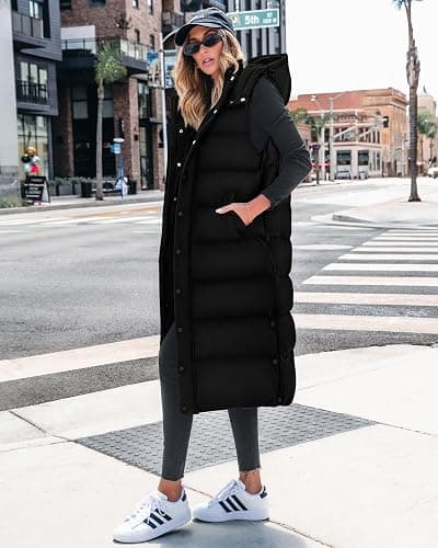 BTFBM Long Puffer Vest Women Quilted Hooded Button Down Zip Up Sleeveless Vests Outerwear Padded Jacket Fall Winter Coat thumbnail 5