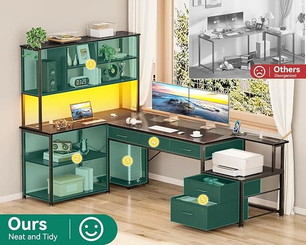 AODK 79 inch L Shaped Desk with 5 Drawers, Reversible L Shaped Gaming Desk with LED Light & 2 Power Outlets, Computer Desk with Storage Shelves for Home Office, Black - Black - 79 inch thumbnail 7