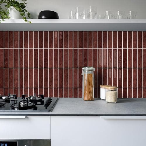 Alwayspon 10 Sheets 12" x12'' Retro Red 3D Vinyl Backsplash Tiles, Self-Adhesive Peel and Stick Wall Tile Stickers Stick on Subway Tiles for Kitchen Bathroom Wall - Image 1