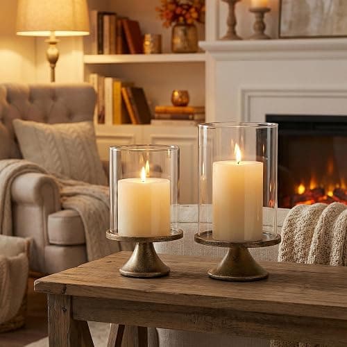 Set of 2 Hurricane Candle Holder Set with Glass Dome & Iron Base | Elegant Decorative Pillar Candle Holders for Living Room, Dining Room & Bedroom Centerpiece - Ideal Home Décor thumbnail 6