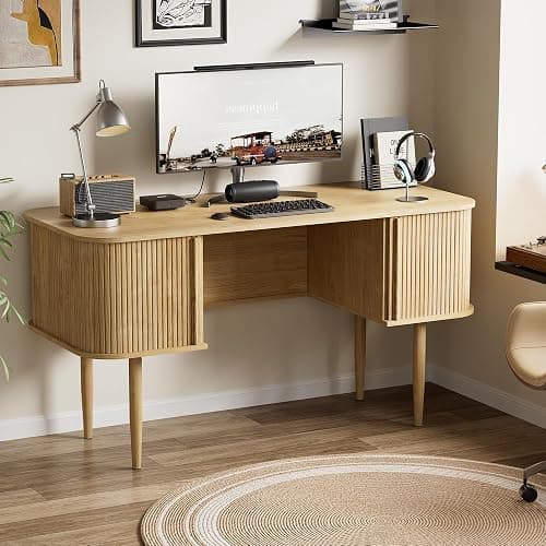 Furniway 55" Modern Writing Desk, Wood Home Office Desk, Natural | Sliding Door Storage, Computer Desk for Study, Bedroom, Living Room & Dorm thumbnail 6