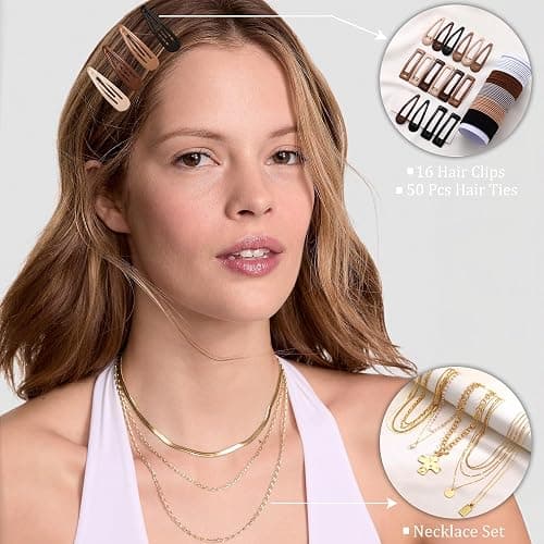 FANDY 137 Pieces Gold Jewelry Set for Women, 12 Necklace, 14 Bracelet, 21 Earrings, 24 Knuckle Rings, 16 hair clips, 50 hair ties  Gold Plated Jewelry set for Women Gift thumbnail 7