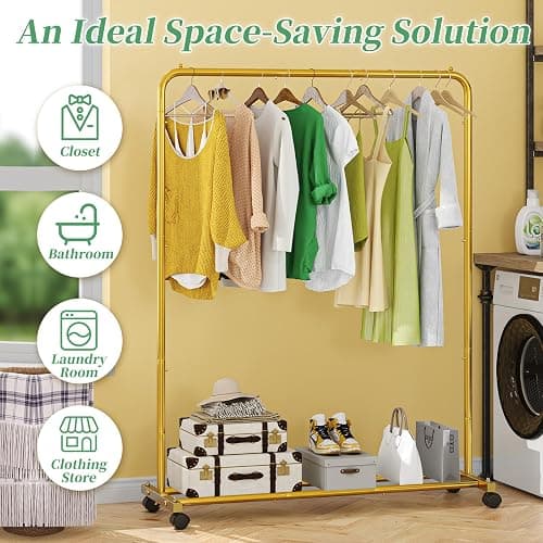 Simple Trending Standard Clothes Clothing Garment Rack with Storage Shelves, Rolling Clothes Organizer on Wheels for Hanging Clothes, Gold thumbnail 4