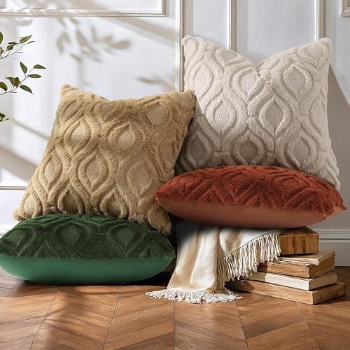 decorUhome Set of 2 Faux Fur Cushion Covers 45x45 cm, Decorative Soft Plush Fluffy Velvet Cushion Cover 18X18 Inch,Square Boho Neutral Pillow case for Sofa, Beige thumbnail 8