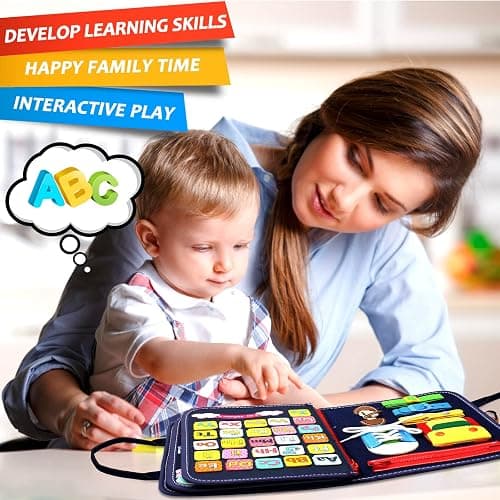 Qizfun Montessori Busy Board & Busy Book for Toddlers – Sensory & Learning Toy That Keeps Kids Busy, Travel Toy for Airplane & Car, Screen for Boys & Girls (Blue/P4) thumbnail 6