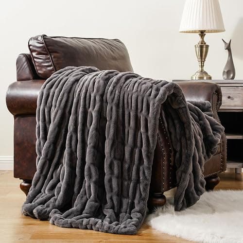 BATTILO HOME Luxury Faux Fur Blanket for Couch, Double Side Ruched Rabbit Fur Blanket Supper Soft Throw Blankets for Bed, Cozy Blanket, 50“x60 - Image 1