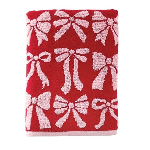 SKL Home Bow Jacquard 100% Cotton Premium Bath Towel, 500 GSM, Reversible, Soft & Absorbent, Decorative/Everyday Christmas/Winter/Valentine's Day, Red/Pink - Image 1