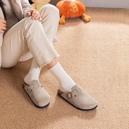 IIITHREE Women's Suede Clogs Cork Footbed Clogs for Women Soft Leather Adjustable Buckle Slip-on Potato Shoes Sandals thumbnail 3