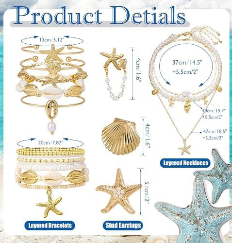 Vieyomn 32 Pcs Starfish Seashell Jewelry Set for Women Layer Necklace Bracelets Stackable Shell Starfish Rings Stud Earrings Pearl Beach Vacation Accessories thumbnail 3