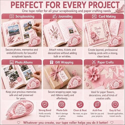 MARCADORUS Double Sided Tape Roller, Scrapbook Glue Tape 6 Pack, Extra-Long | 52 Ft x 0.31 In Each, 312 Ft Total; Permanent, Acid-Free, Photo-Safe Tape for Scrapbooks, Journals, Cards & Crafts thumbnail 9