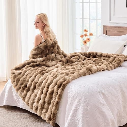 BENVWE Fluffy Faux Fur Throw Blanket for Couch - Soft, Plush, Thick, Cozy, Fuzzy Luxury Minky Bubble Blanket for Home Living Room Decor, Gifts for Women, Tie-dye Brown, 51" x 63", 1100GSM thumbnail 7