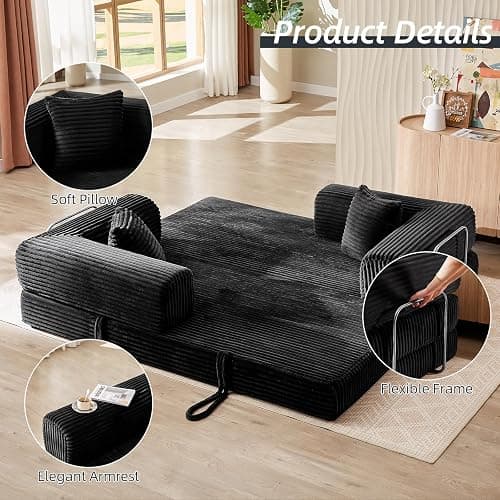 81 Inch Convertible Folding Sofa Bed,Fold Out Floor Sofa Couch with Fixed-Shape Frame,Corduroy Foldable Mattress Cloud Couch for Living Room Bedroom (Black) thumbnail 6