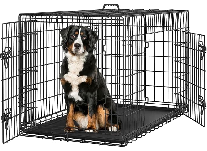 Yaheetech Dog Crate 48'' Double Door Dog Crate with Divider, Removable Tray | Metal Dog Crate with Removable Tray Wire Dog Kennel Crate for Medium to Large Dogs Travel Cage, Black - Image 1
